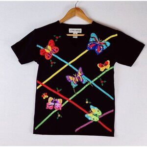 Vtg Butterfly Black T-shirt Sz P Medium  Victoria Harbour Embroidered Colorful